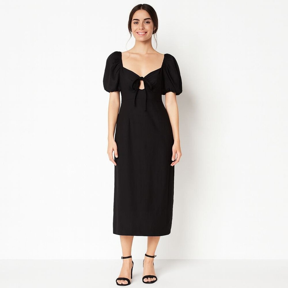 2/$30 ZARA Black 50% Linen Puff Sleeve Midi Dress - Picture 1 of 16